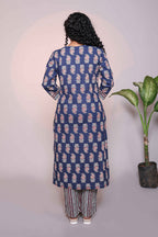 Dark blue motifs design 3/4 slevee salwar suit with matching pant and floral printed dupatta