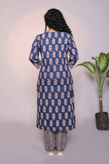 Dark blue motifs design 3/4 slevee salwar suit with matching pant and floral printed dupatta