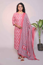 Pink motifs design 3/4 slevee salwar suit with matching pant and floral printed dupatta