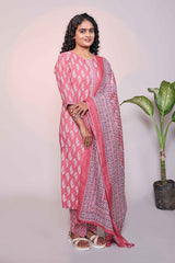 Pink motifs design 3/4 slevee salwar suit with matching pant and floral printed dupatta