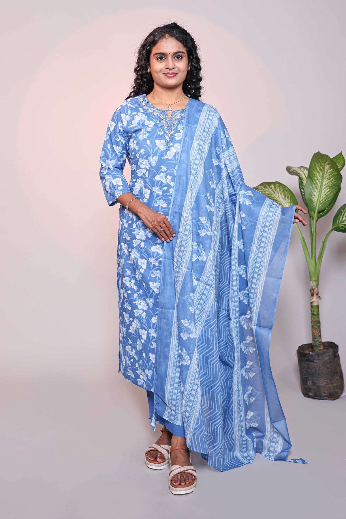 Blue floral design 3/4 slevee salwar suit with matching pant and floral printed dupatta