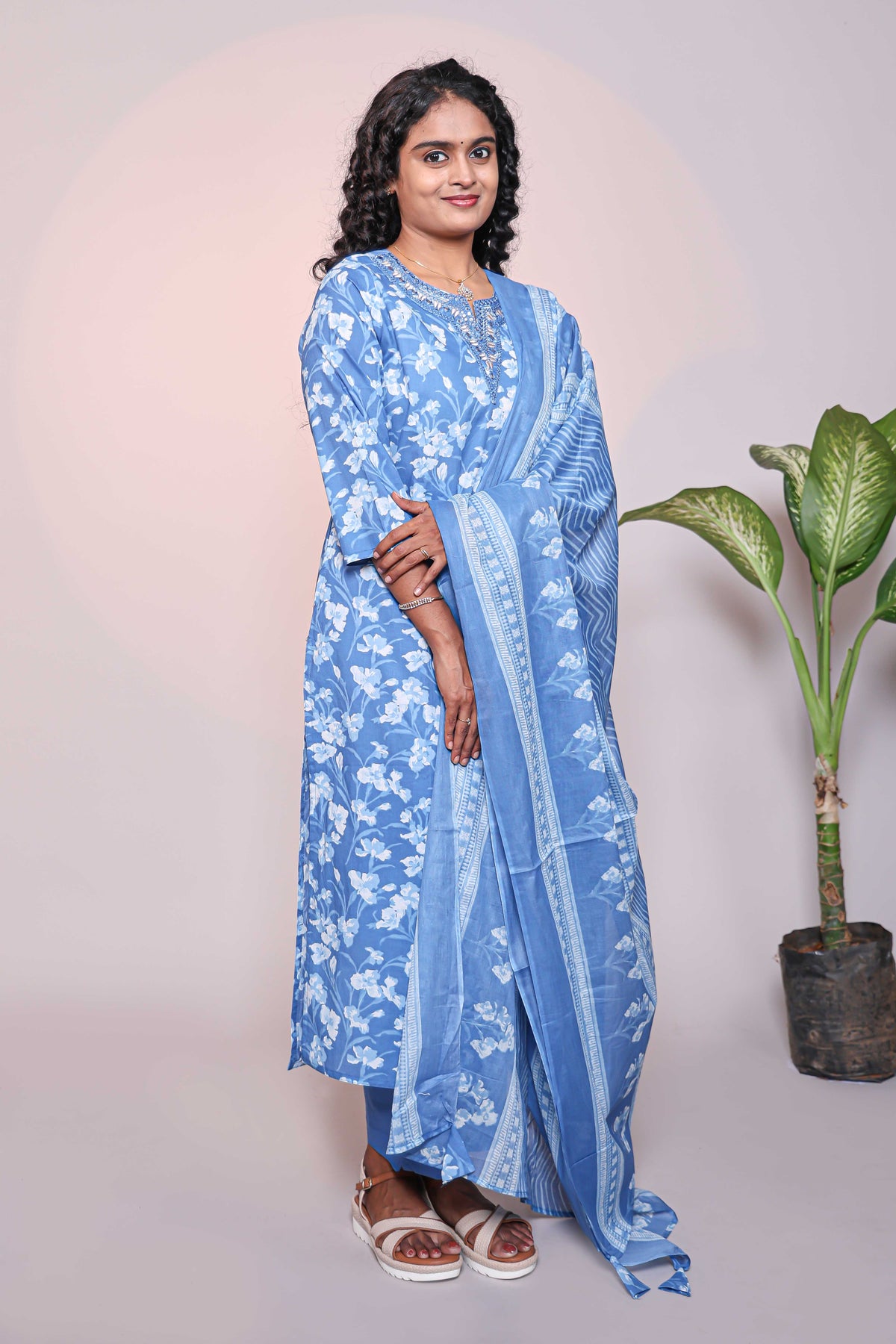 Blue floral design 3/4 slevee salwar suit with matching pant and floral printed dupatta