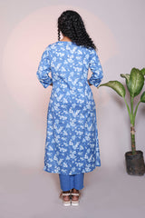 Blue floral design 3/4 slevee salwar suit with matching pant and floral printed dupatta