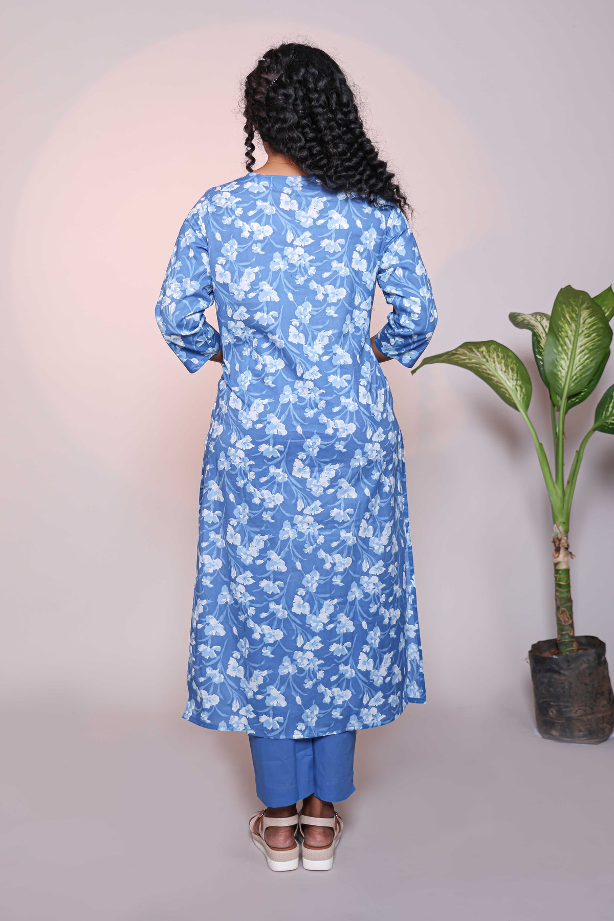 Blue floral design 3/4 slevee salwar suit with matching pant and floral printed dupatta