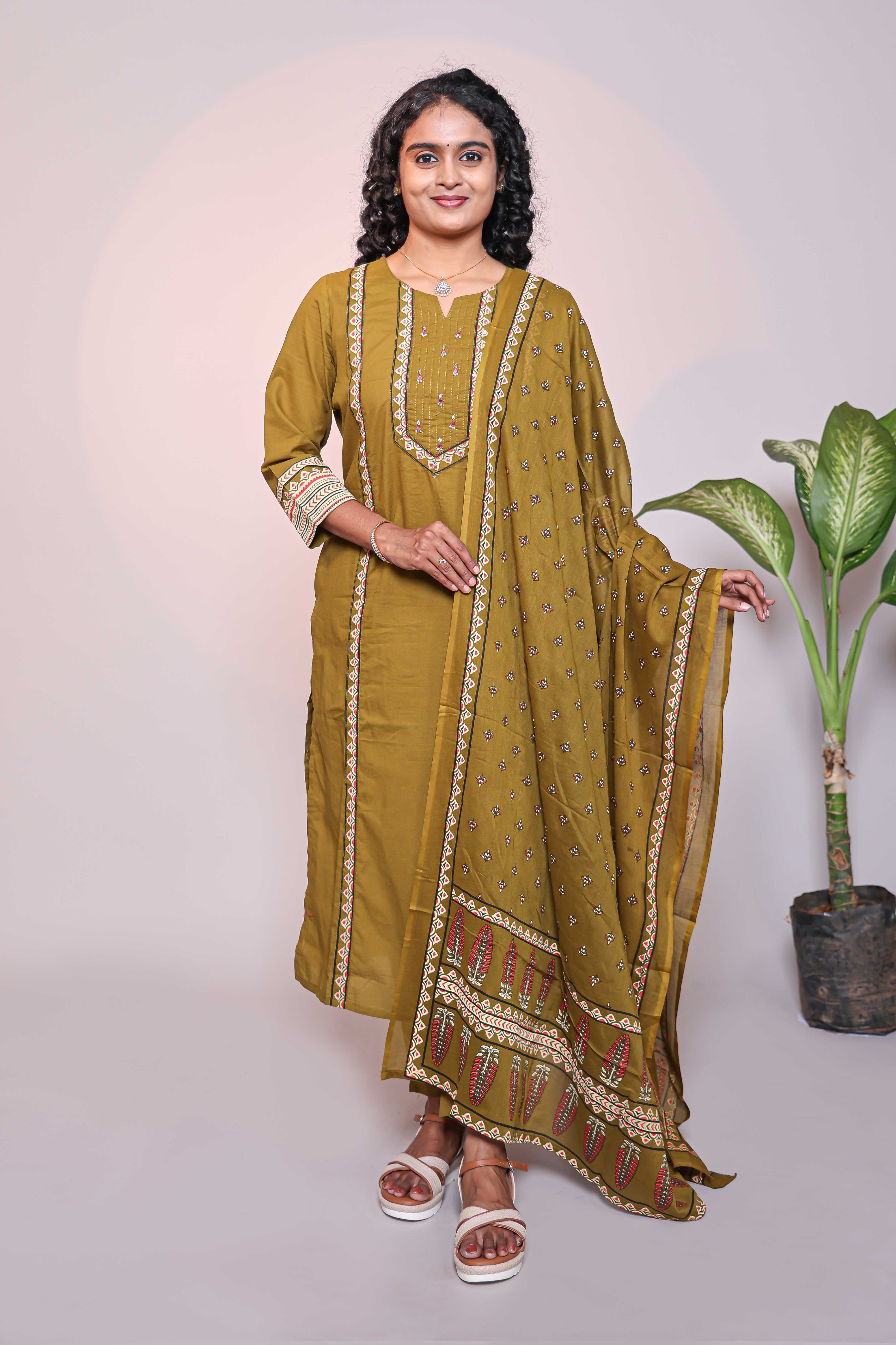 Olive green motifs design 3/4 slevee salwar suit with matching pant and floral printed dupatta