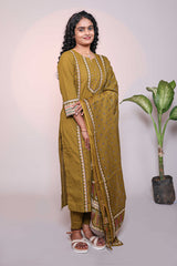 Olive green motifs design 3/4 slevee salwar suit with matching pant and floral printed dupatta