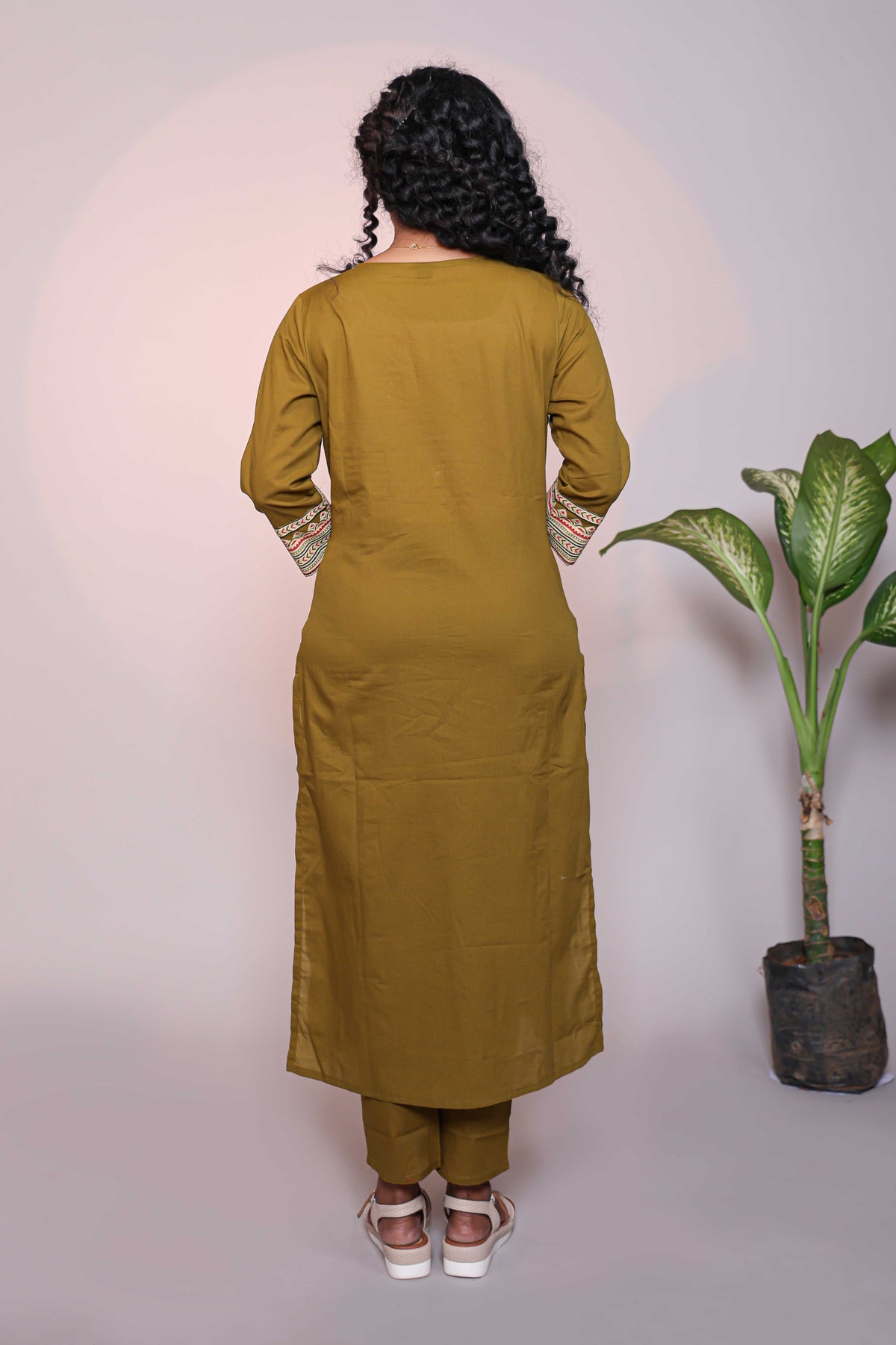 Olive green motifs design 3/4 slevee salwar suit with matching pant and floral printed dupatta