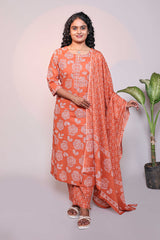 Orange floral design 3/4 slevee salwar suit with matching pant and floral printed dupatta
