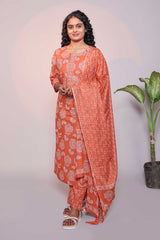 Orange floral design 3/4 slevee salwar suit with matching pant and floral printed dupatta