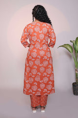 Orange floral design 3/4 slevee salwar suit with matching pant and floral printed dupatta