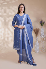 Blue Motif Printed Salwar Suit with V-Neck, 3/4 Sleeves and Matching Bottom