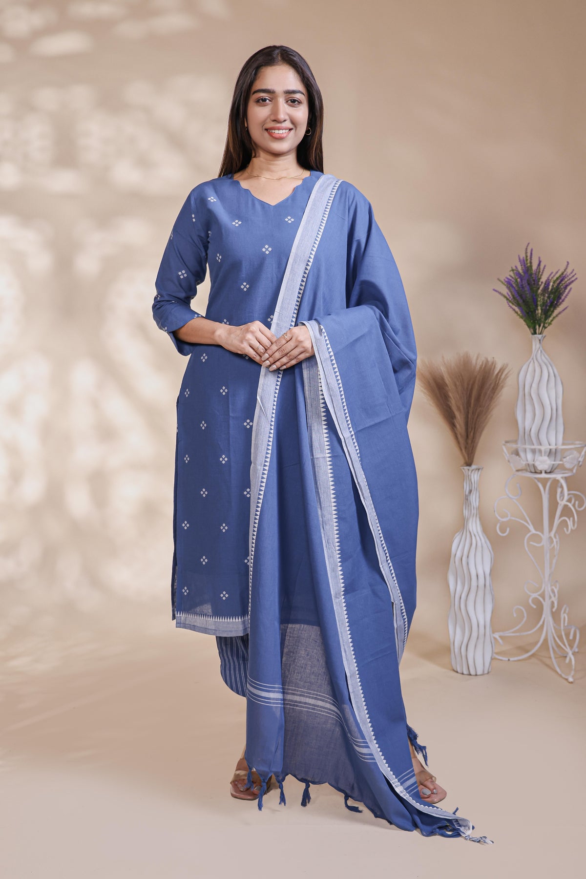 Blue Motif Printed Salwar Suit with V-Neck, 3/4 Sleeves and Matching Bottom