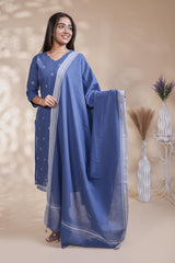 Blue Motif Printed Salwar Suit with V-Neck, 3/4 Sleeves and Matching Bottom