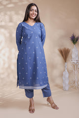 Blue Motif Printed Salwar Suit with V-Neck, 3/4 Sleeves and Matching Bottom