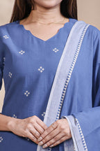 Blue Motif Printed Salwar Suit with V-Neck, 3/4 Sleeves and Matching Bottom