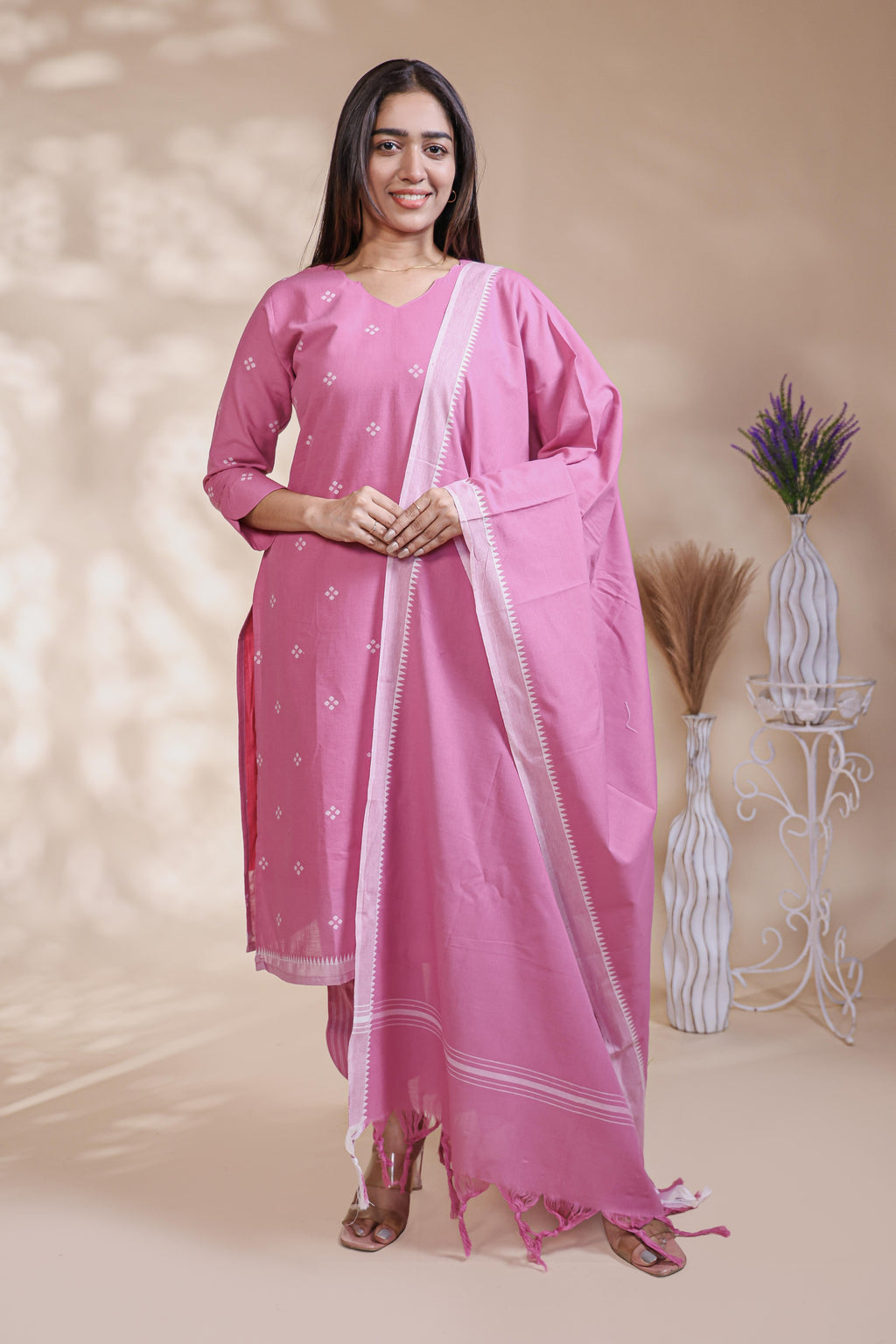 Pink Motif Printed Salwar Suit with V-Neck, 3/4 Sleeves and Matching Bottom