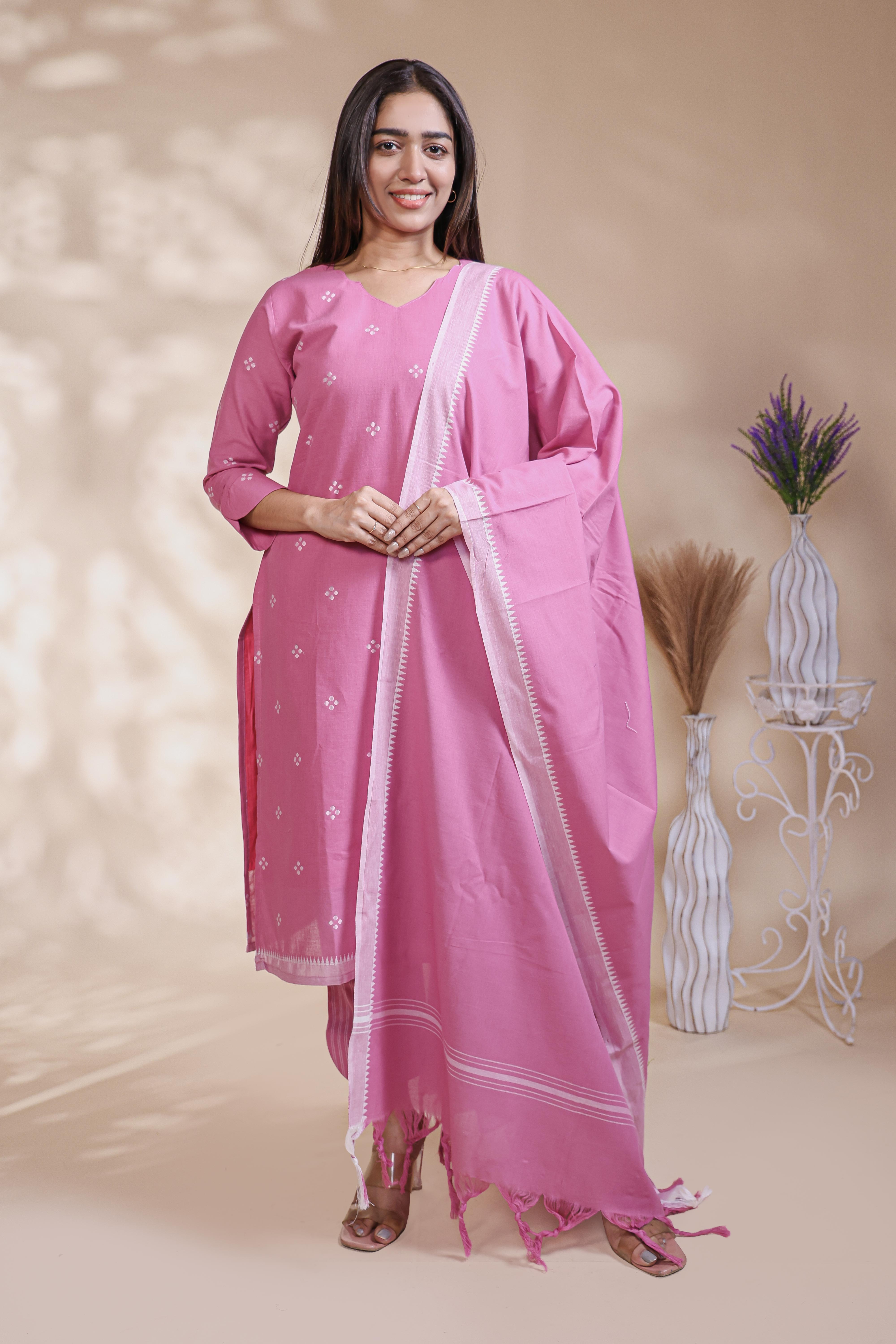Pink Motif Printed Salwar Suit with V-Neck, 3/4 Sleeves and Matching Bottom