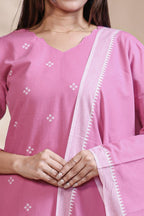 Pink Motif Printed Salwar Suit with V-Neck, 3/4 Sleeves and Matching Bottom