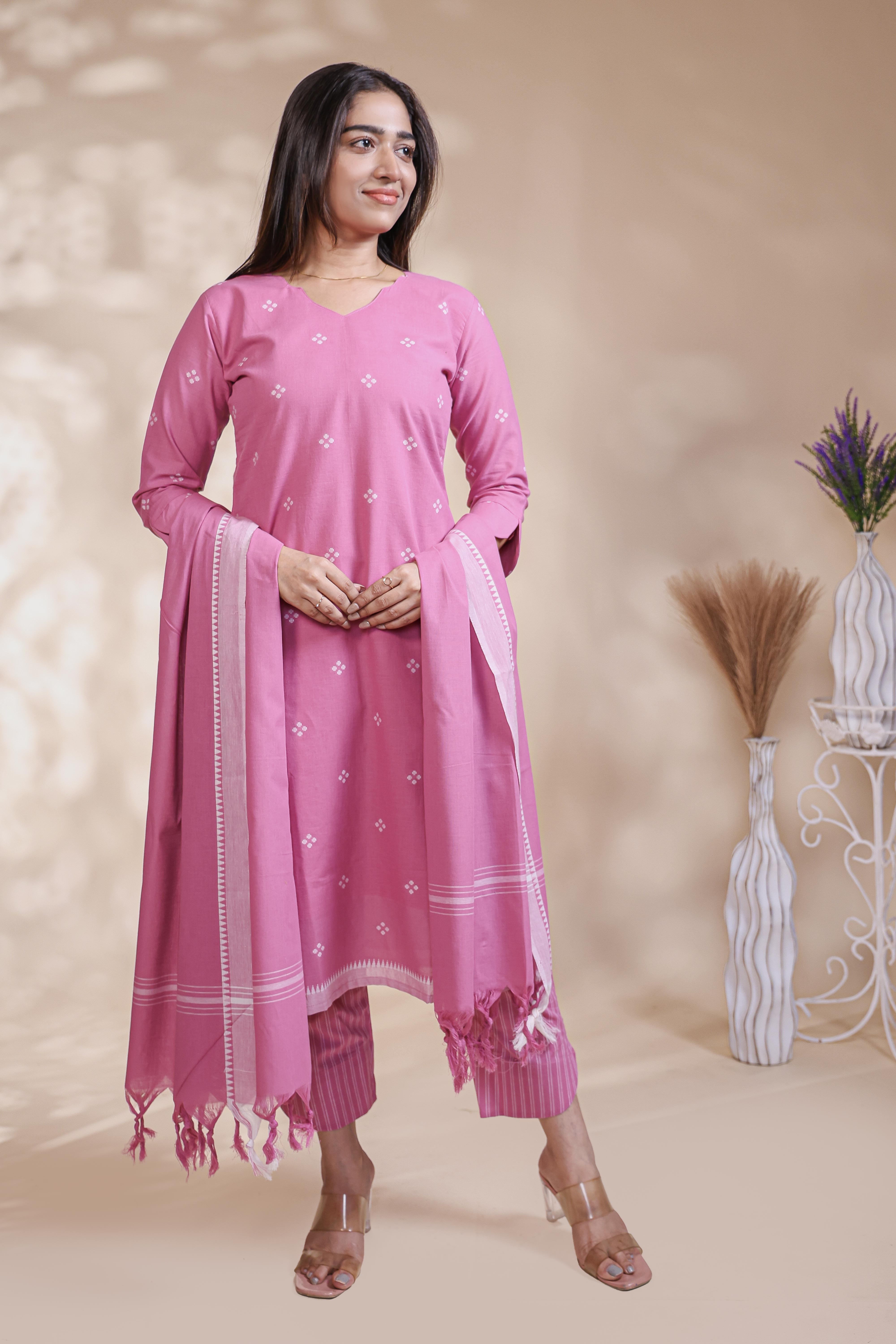 Pink Motif Printed Salwar Suit with V-Neck, 3/4 Sleeves and Matching Bottom