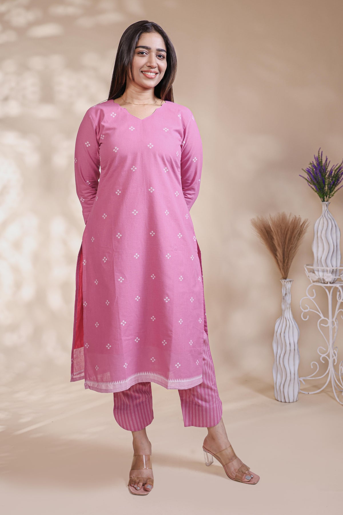 Pink Motif Printed Salwar Suit with V-Neck, 3/4 Sleeves and Matching Bottom