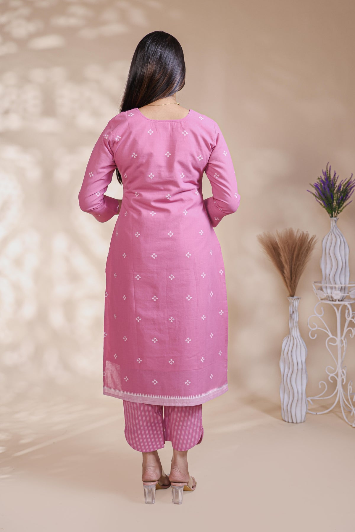 Pink Motif Printed Salwar Suit with V-Neck, 3/4 Sleeves and Matching Bottom