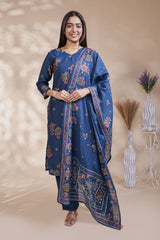 Blue floral Motif Printed Salwar Suit with V-Neck, 3/4 Sleeves and Matching Bottom