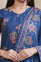 Blue floral Motif Printed Salwar Suit with V-Neck, 3/4 Sleeves and Matching Bottom