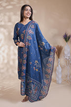 Blue floral Motif Printed Salwar Suit with V-Neck, 3/4 Sleeves and Matching Bottom