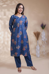 Blue floral Motif Printed Salwar Suit with V-Neck, 3/4 Sleeves and Matching Bottom