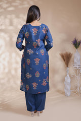 Blue floral Motif Printed Salwar Suit with V-Neck, 3/4 Sleeves and Matching Bottom