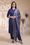 Ink blue plain salwar suit with front star cut neck, 3/4 sleeves and matching bottom