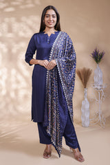 Ink blue plain salwar suit with front star cut neck, 3/4 sleeves and matching bottom