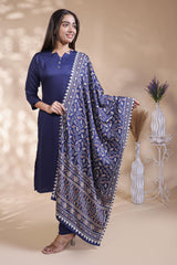 Ink blue plain salwar suit with front star cut neck, 3/4 sleeves and matching bottom