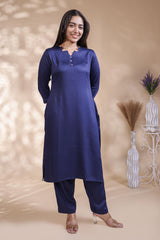 Ink blue plain salwar suit with front star cut neck, 3/4 sleeves and matching bottom