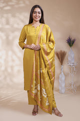 Mustard plain salwar suit with front star cut neck, 3/4 sleeves and matching bottom