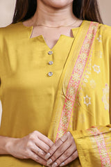 Mustard plain salwar suit with front star cut neck, 3/4 sleeves and matching bottom
