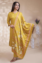 Mustard plain salwar suit with front star cut neck, 3/4 sleeves and matching bottom