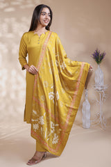 Mustard plain salwar suit with front star cut neck, 3/4 sleeves and matching bottom