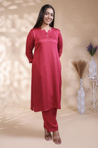 Red plain salwar suit with front star cut neck, 3/4 sleeves and matching bottom