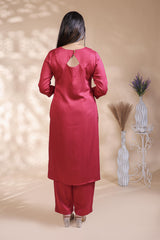 Red plain salwar suit with front star cut neck, 3/4 sleeves and matching bottom