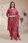 Red floral design salwar suit with front V-neck, 3/4 sleeves and matching bottom