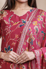 Red floral design salwar suit with front V-neck, 3/4 sleeves and matching bottom