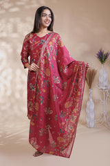 Red floral design salwar suit with front V-neck, 3/4 sleeves and matching bottom