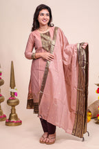 Peach traditional salwar suit with front U-neck, 3/4 sleeves and contrast bottom