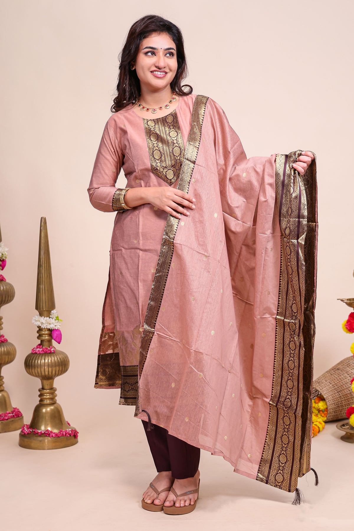 Peach traditional salwar suit with front U-neck, 3/4 sleeves and contrast bottom