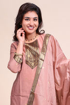 Peach traditional salwar suit with front U-neck, 3/4 sleeves and contrast bottom