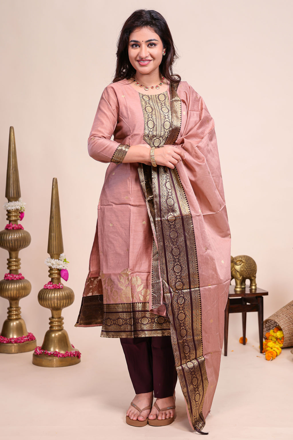 Peach traditional salwar suit with front U-neck, 3/4 sleeves and contrast bottom