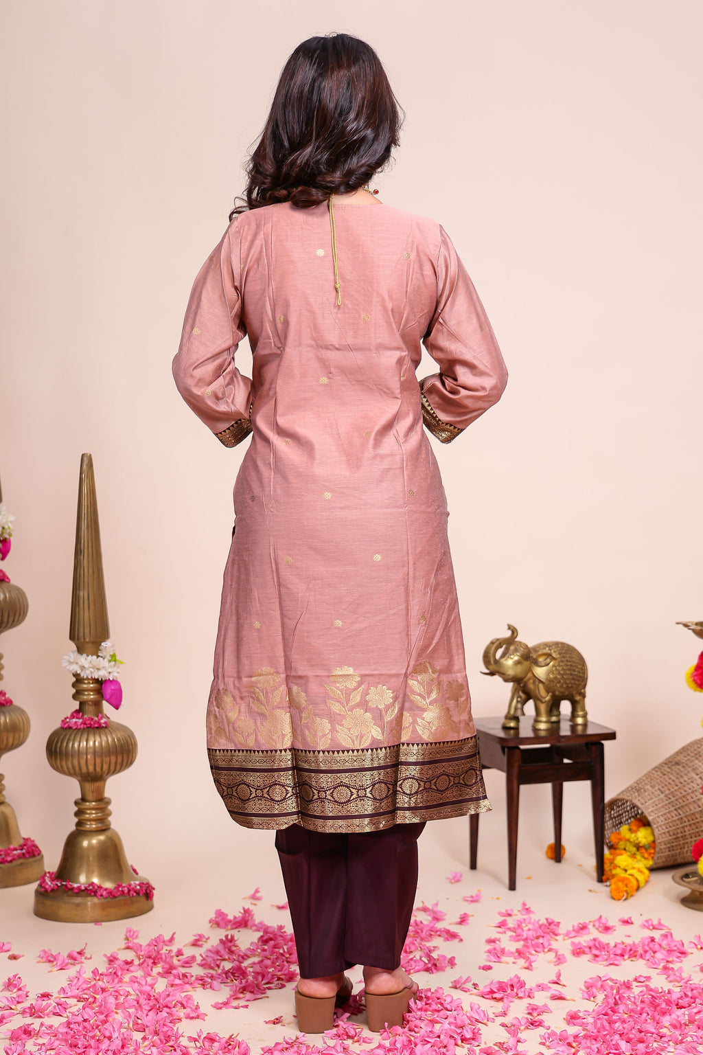 Peach traditional salwar suit with front U-neck, 3/4 sleeves and contrast bottom