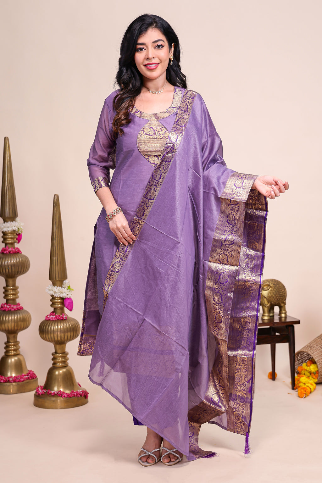 Purple traditional salwar suit with front U-neck, 3/4 sleeves and contrast bottom