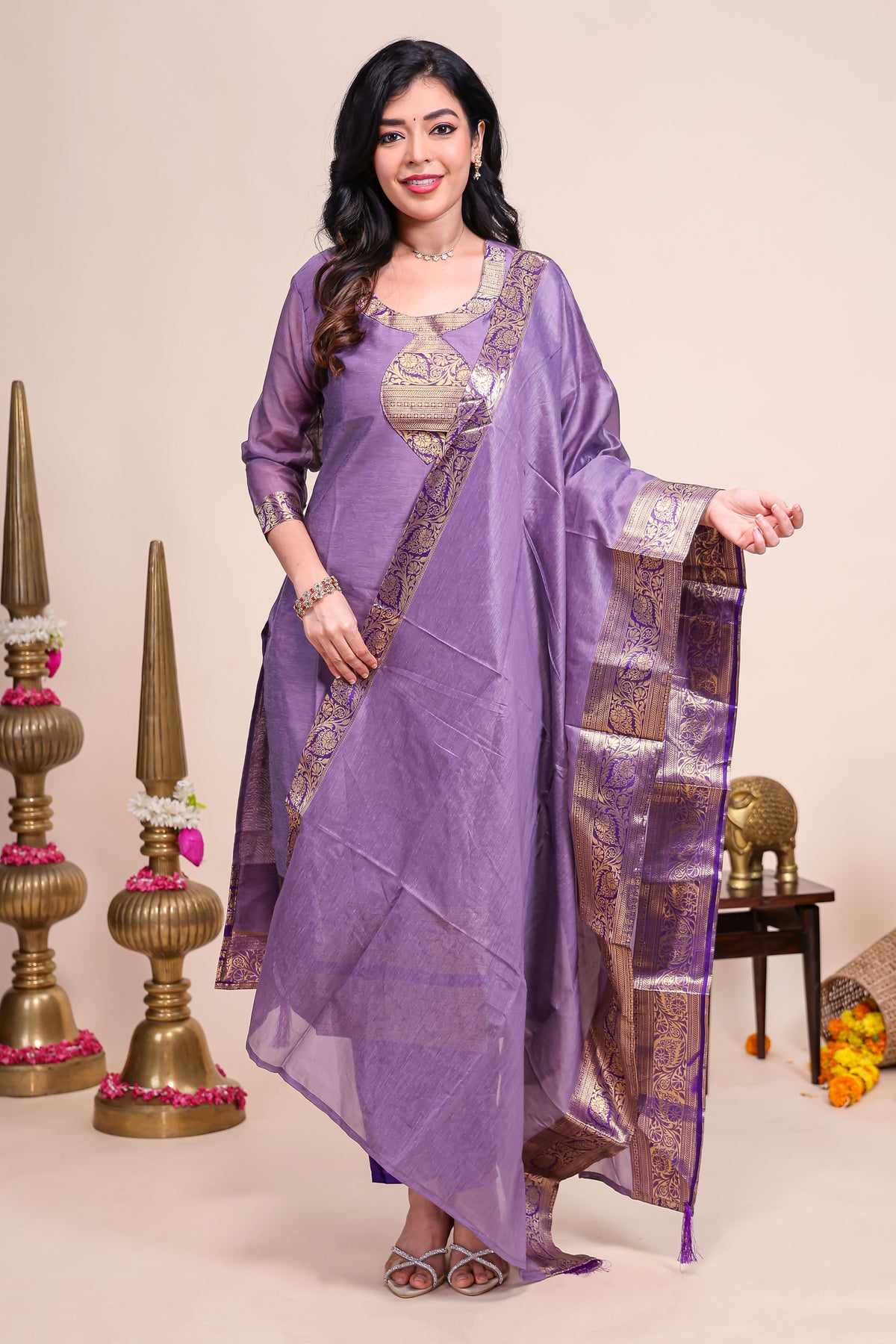 Purple traditional salwar suit with front U-neck, 3/4 sleeves and contrast bottom